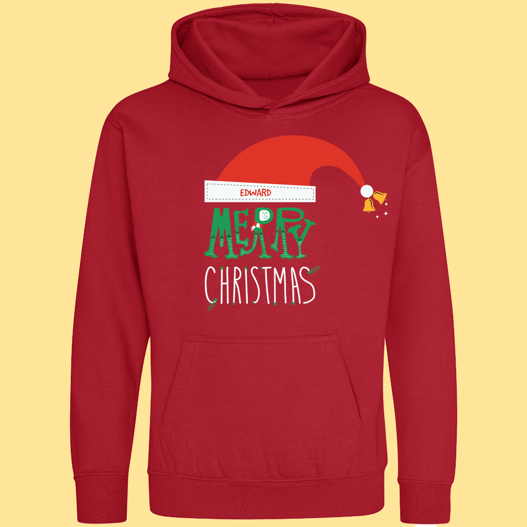 CUSTOM MERRY CHRISTMAS SANTA HAT KIDS COLOURED HOODIES