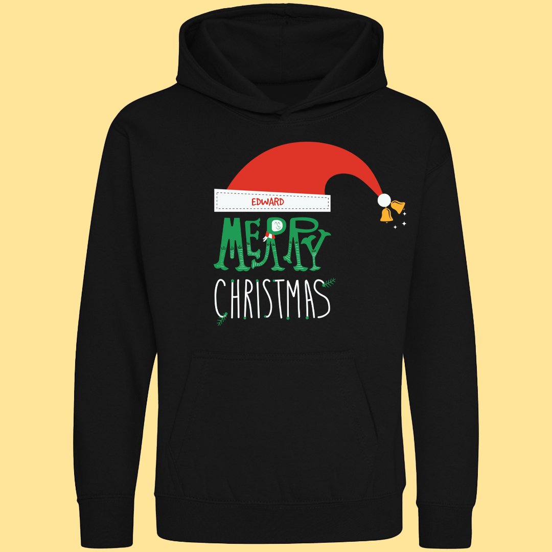 CUSTOM MERRY CHRISTMAS SANTA HAT KIDS COLOURED HOODIES