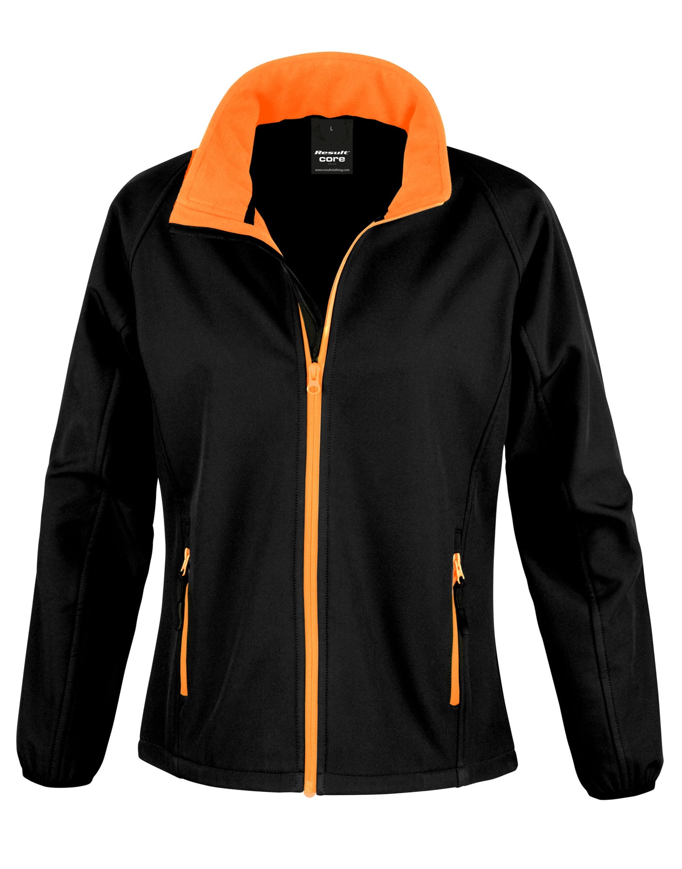 Ladies Printable Soft Shell Jacket In Black Orange